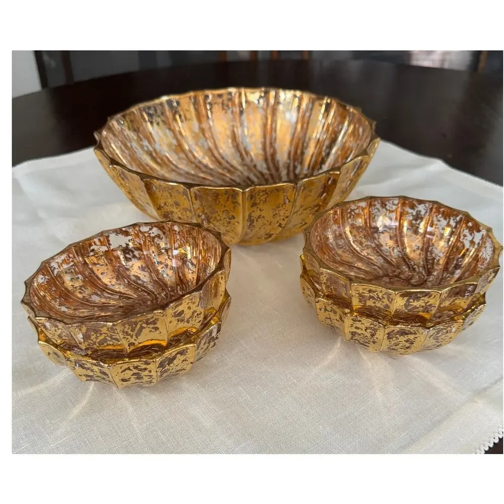Vintage 1920s Reverse Painted Gold Glass Salad/Berry Bowl Set Hollywood Regency